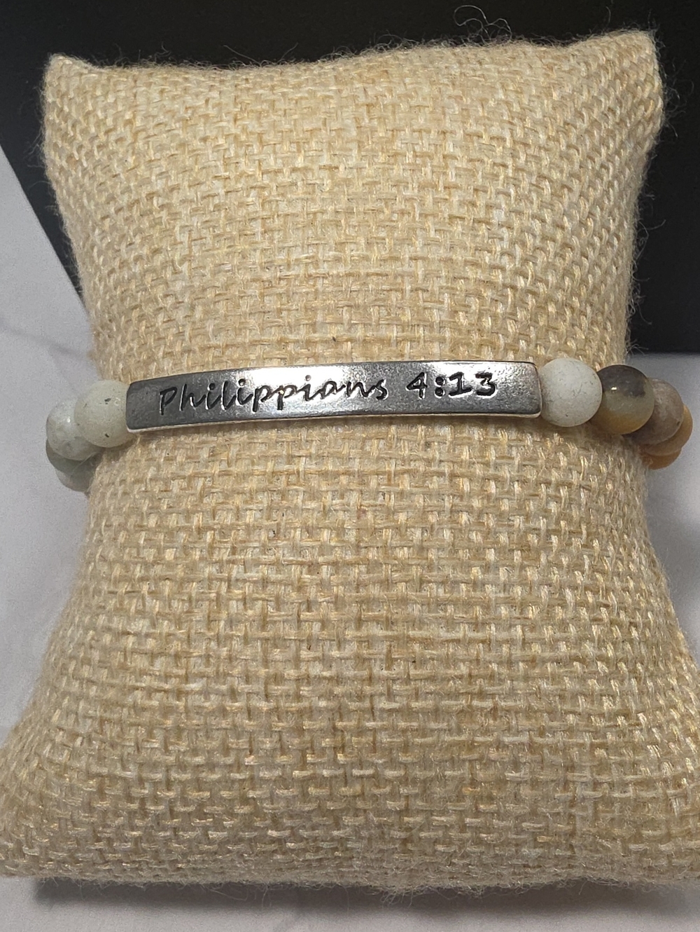Philippians 4:13 Beaded Scripture Bracelet - White Beads with Silver Plate
